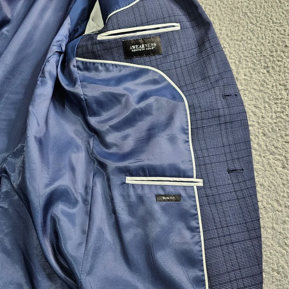 Awearness Kenneth Cole Sport Coat Mens 42R Blue Plaid Slim Fit Wool Blend Blazer